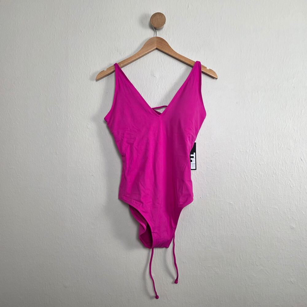 TA3 Pink Plungey Lace Up V-Neck One Piece Swimsuit XLarge Short 2.0 NWT